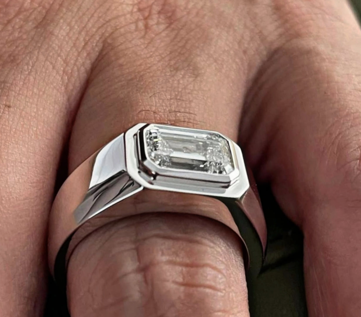 Men’s Emerald-Cut Moissanite Diamond Signature Ring GRA Certified.